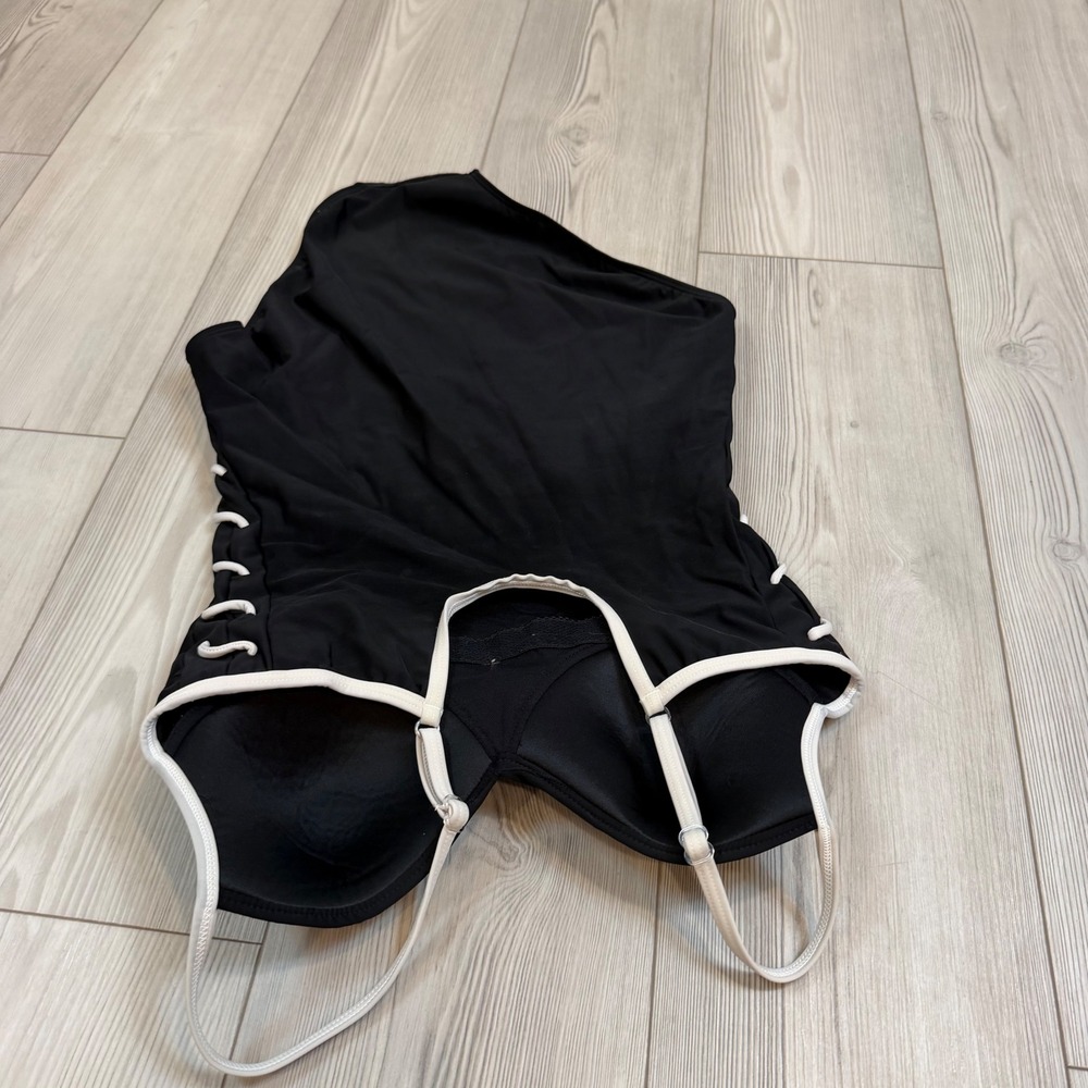 Shape fx 12T Swim Black One Piece Swimsuit White Trim Lace Up Sides Padded - Picture 8 of 14